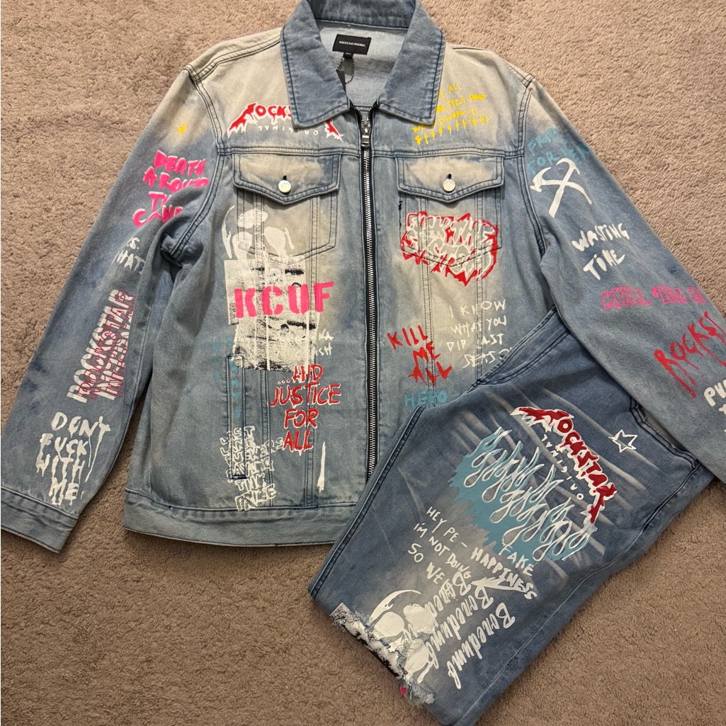 Rockstar Denim Jacket And Jeans Set Men Jacket 2x Pants 42 X32 Brand New